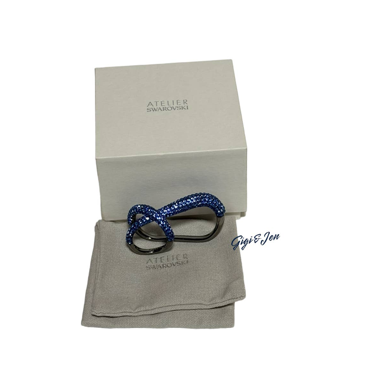 Swarovski Tigris Double Ring Blue, Ruthenium Plated Size 52/6 Usa